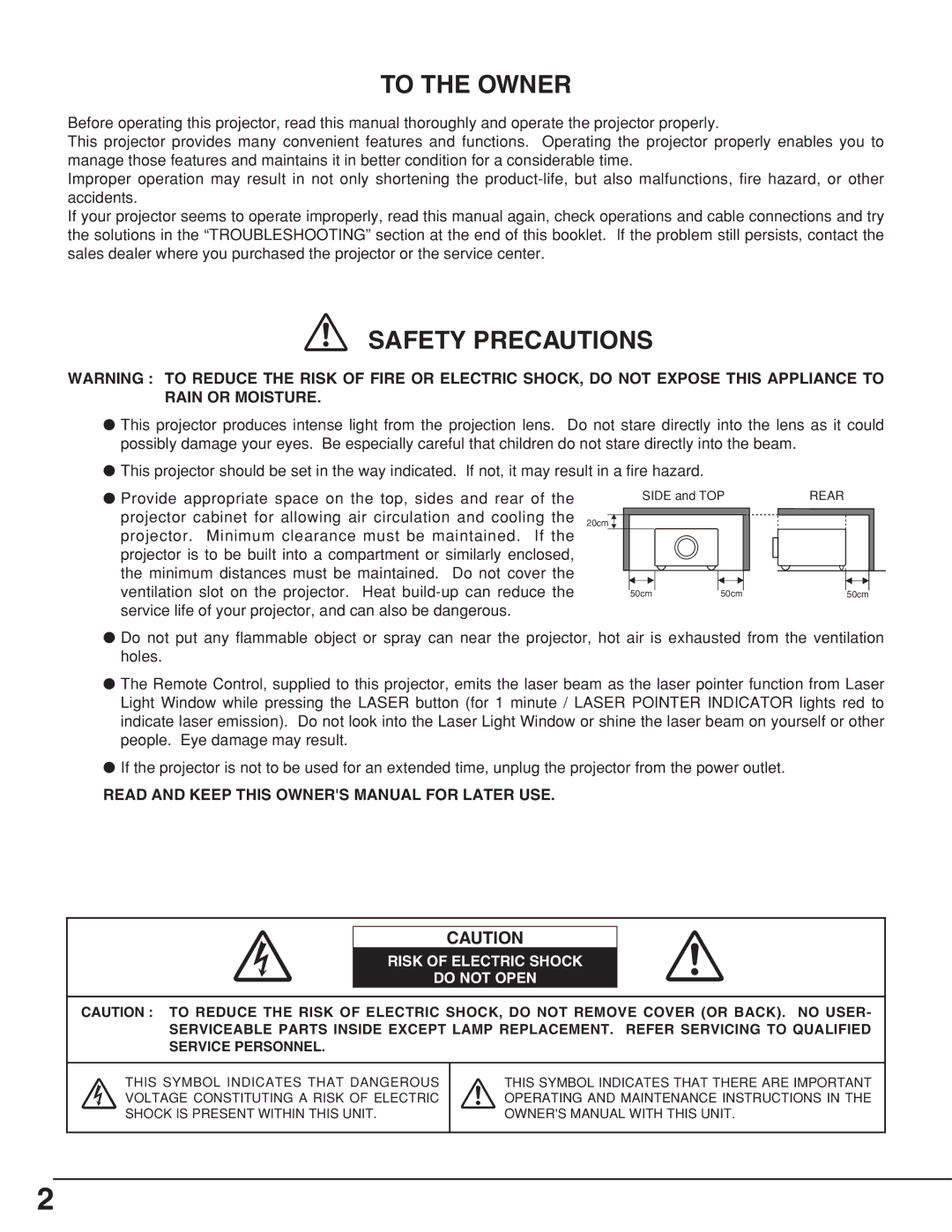 Eiki LC-XNB5M owner manual To the Owner 