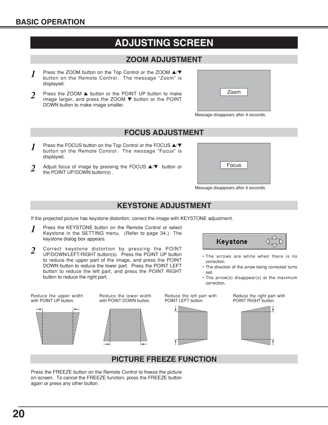 Eiki LC-XNB5M owner manual Adjusting Screen, Zoom Adjustment, Keystone Adjustment, Picture Freeze Function 