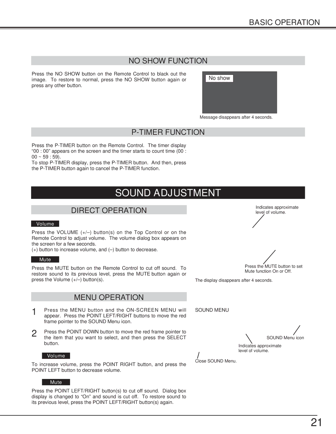 Eiki LC-XNB5M Sound Adjustment, Basic Operation No Show Function, Timer Function, Direct Operation, Menu Operation 