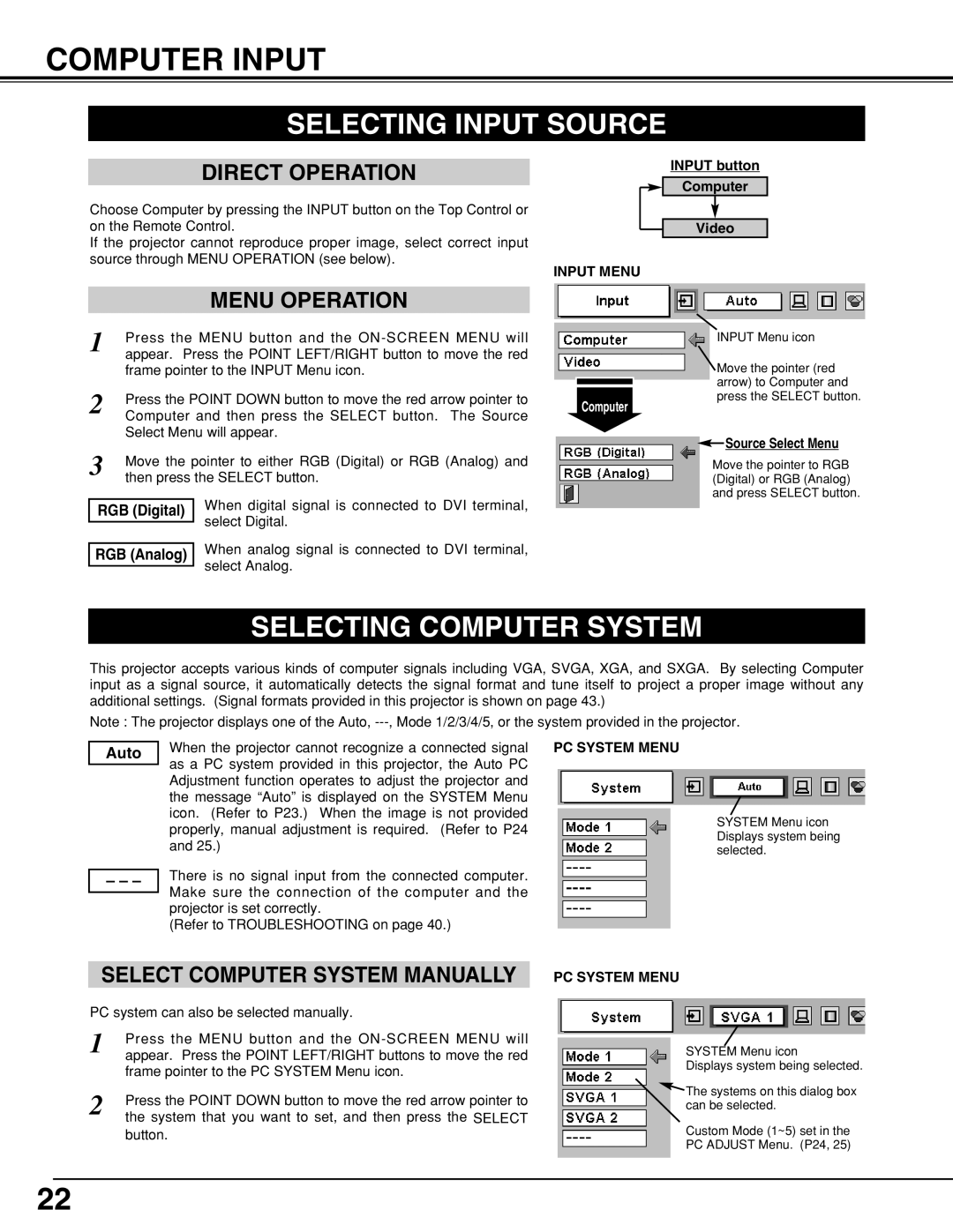 Eiki LC-XNB5M owner manual Computer Input, Selecting Input Source, Selecting Computer System, RGB Analog, Auto 