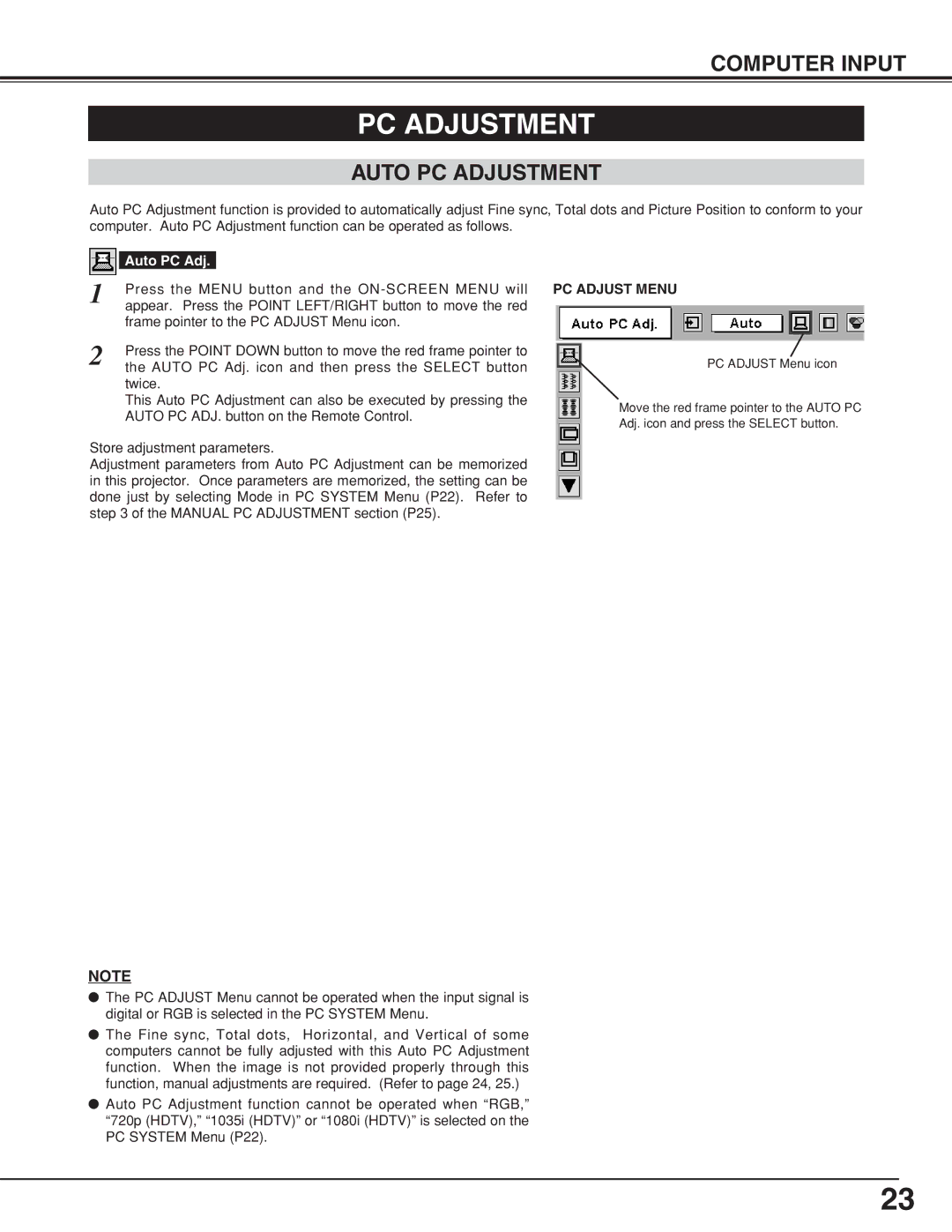 Eiki LC-XNB5M owner manual Auto PC Adjustment, PC Adjust Menu 