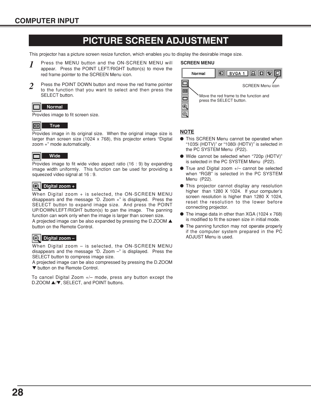 Eiki LC-XNB5M owner manual Picture Screen Adjustment, Screen Menu 