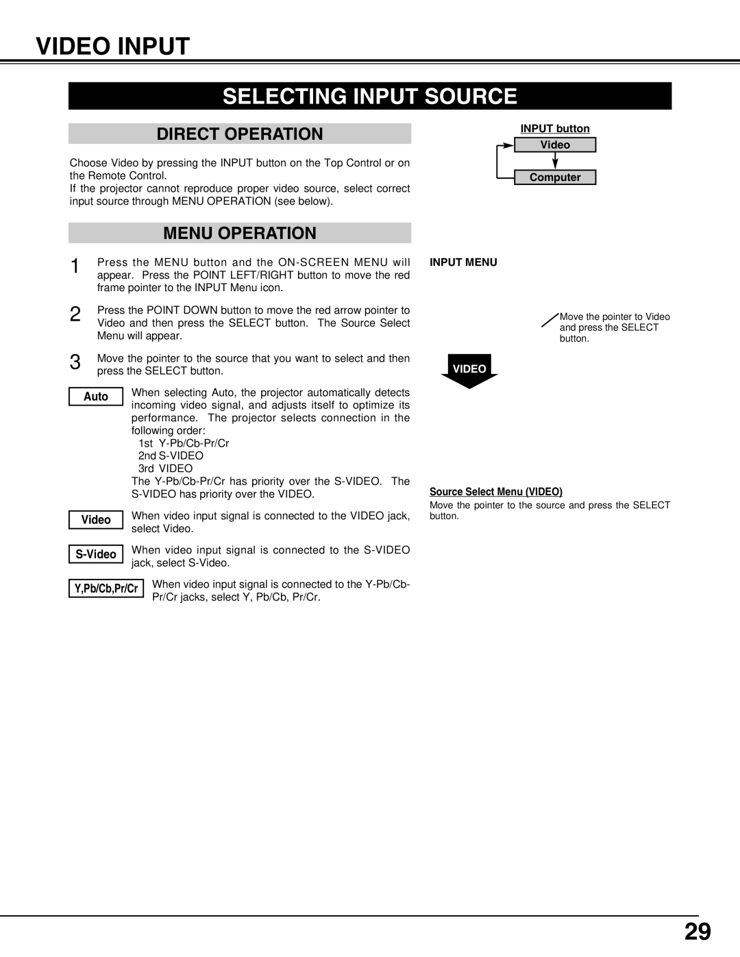 Eiki LC-XNB5M owner manual Video Input, Input button Video Computer, Auto, Source Select Menu Video 