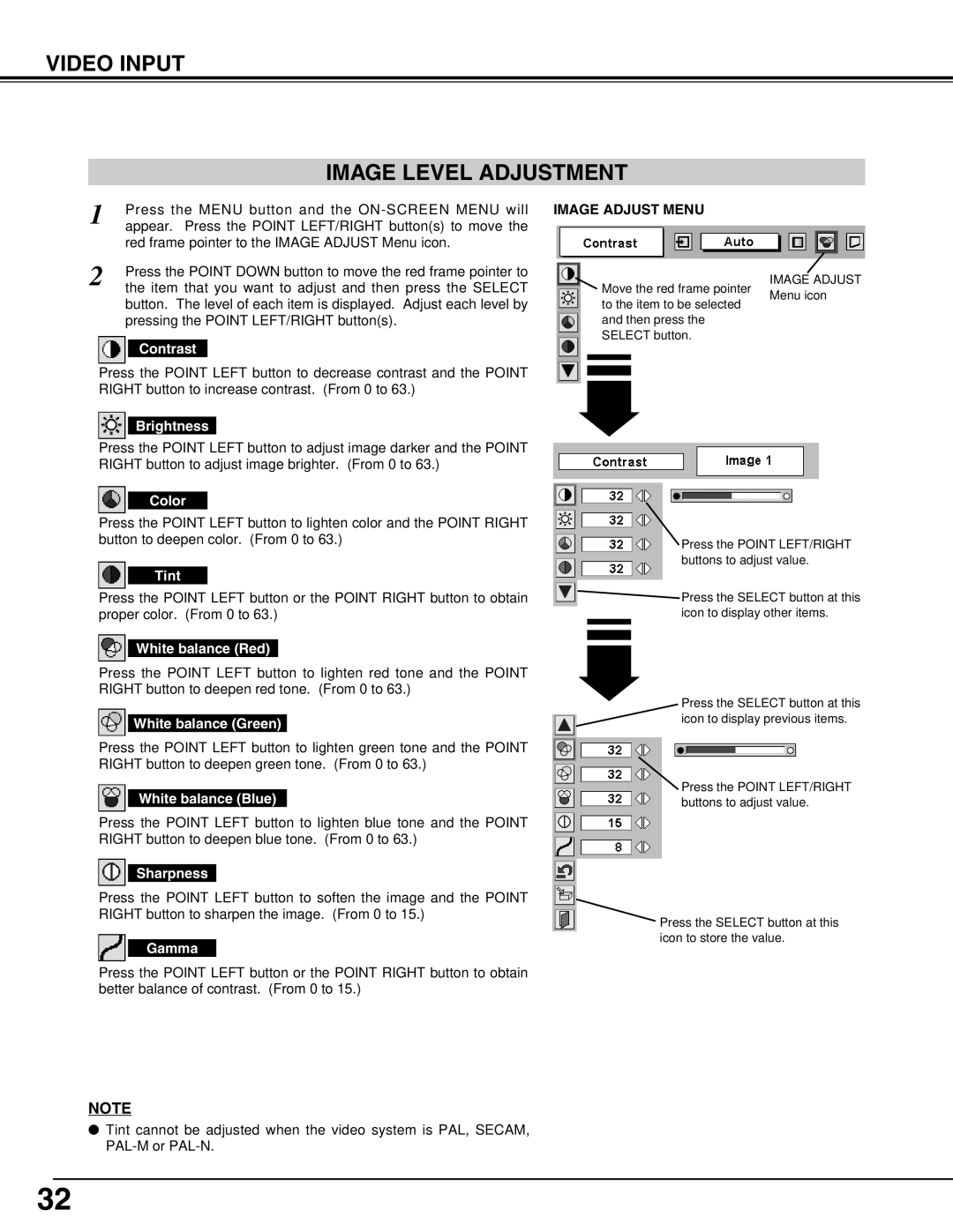 Eiki LC-XNB5M owner manual Video Input Image Level Adjustment, Color, Tint, Sharpness 