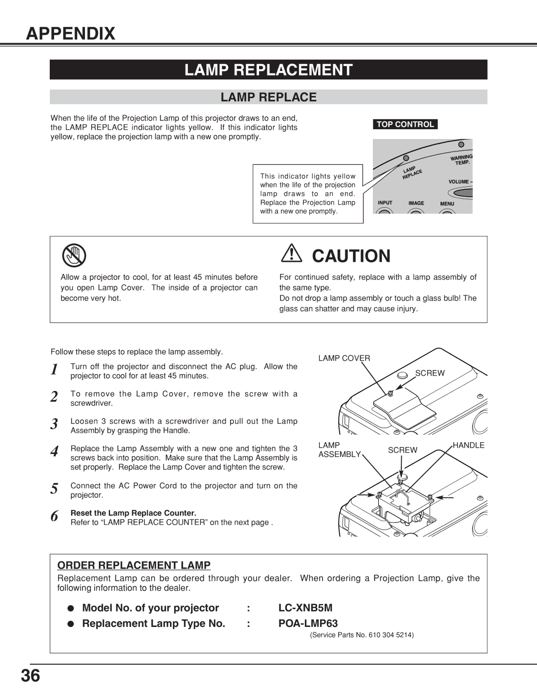 Eiki LC-XNB5M owner manual Appendix, Lamp Replacement, Reset the Lamp Replace Counter 