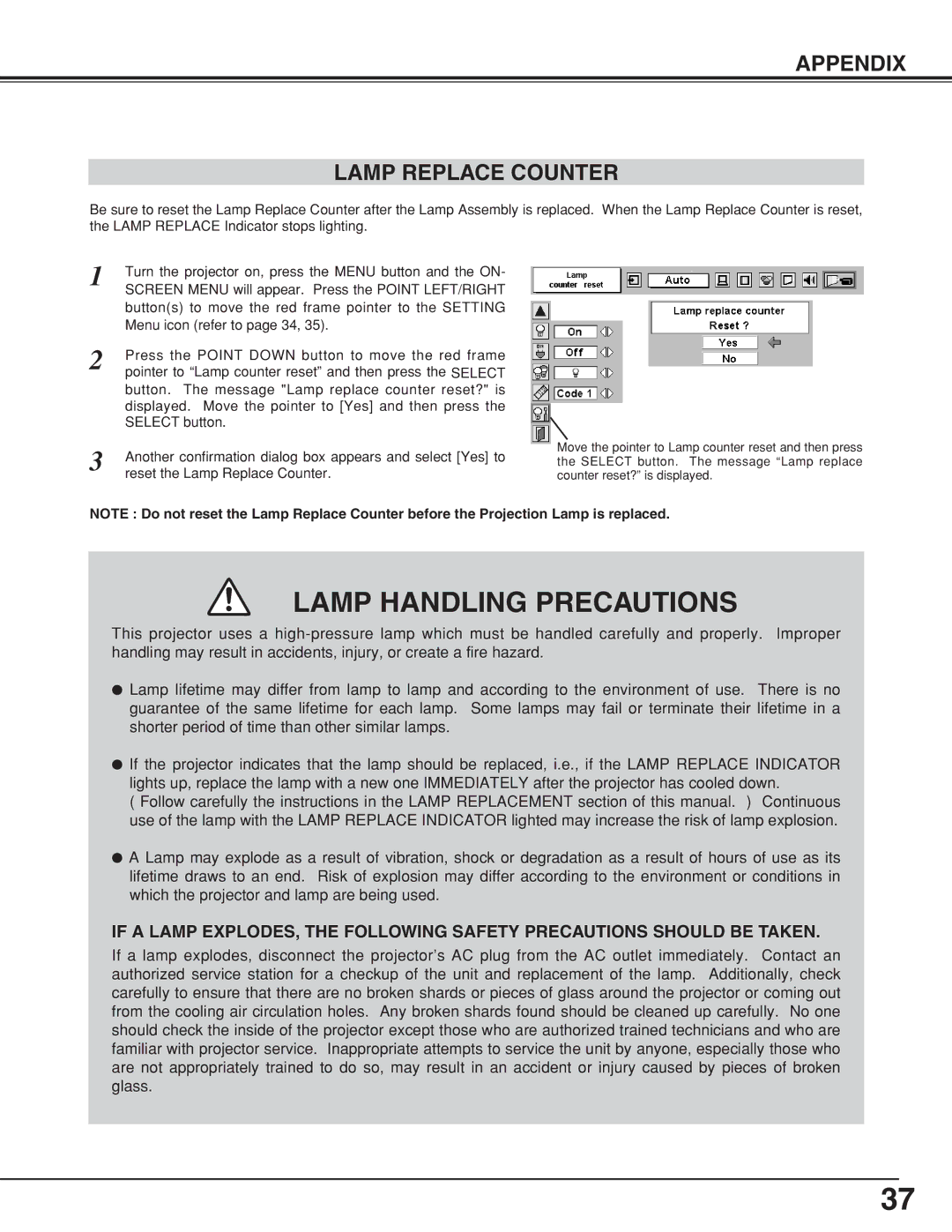 Eiki LC-XNB5M owner manual Lamp Handling Precautions, Appendix Lamp Replace Counter 