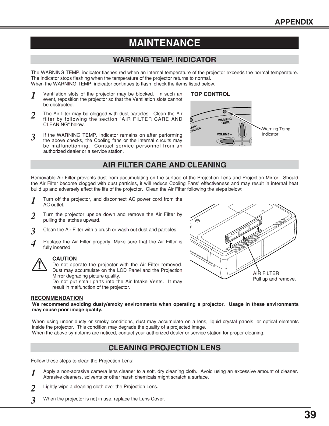 Eiki LC-XNB5M owner manual Maintenance, AIR Filter Care and Cleaning, Cleaning Projection Lens 