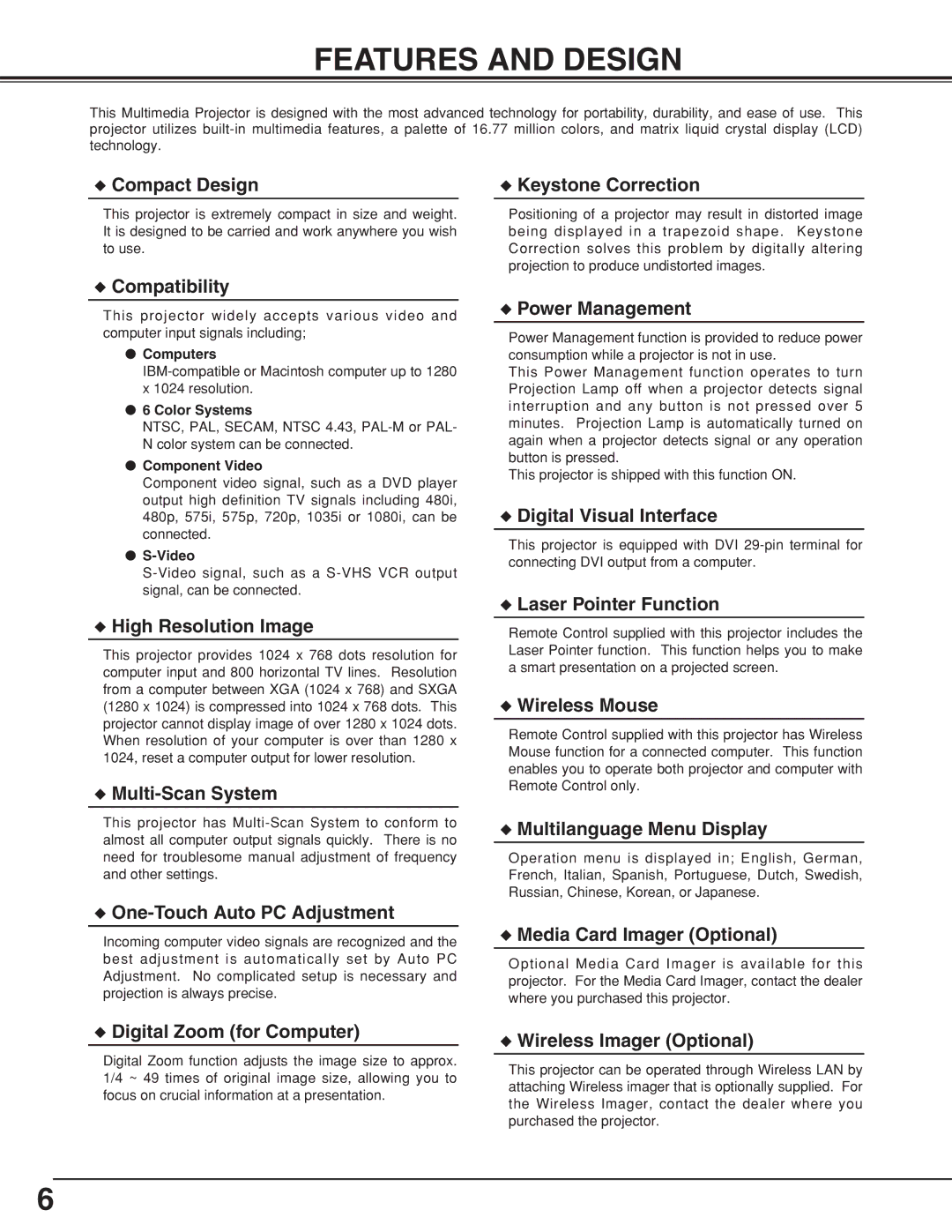 Eiki LC-XNB5M owner manual Features and Design, Computers, Color Systems, Component Video 