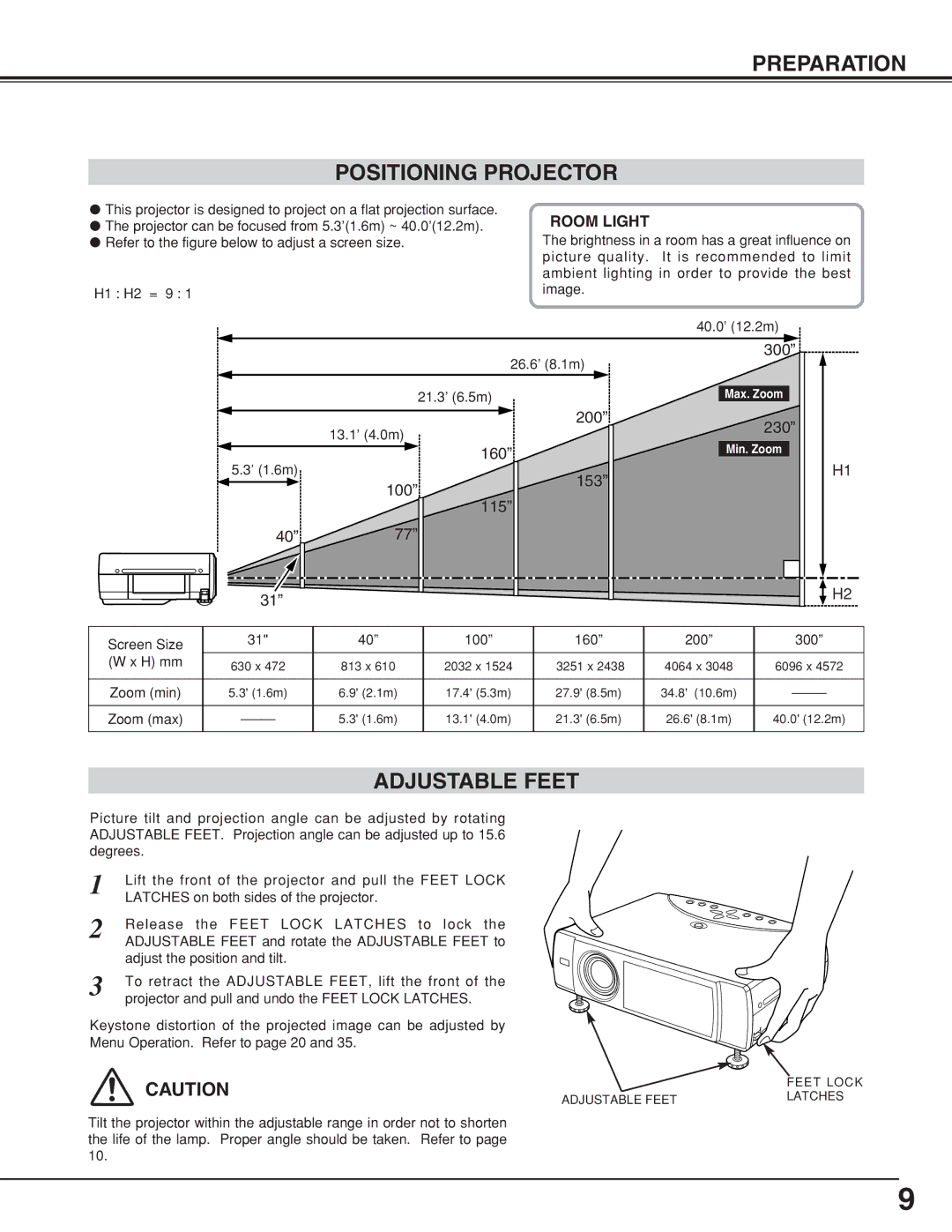 Eiki LC-XNB5M owner manual Preparation Positioning Projector, Adjustable Feet 