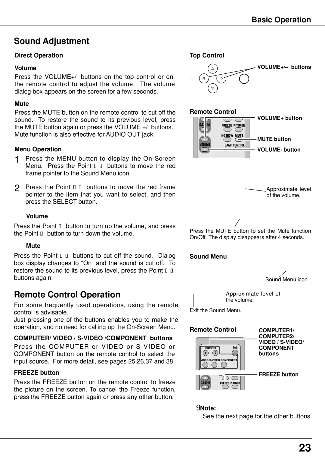 Eiki LC-XS30, LC-XS25 owner manual Sound Adjustment, Remote Control Operation 