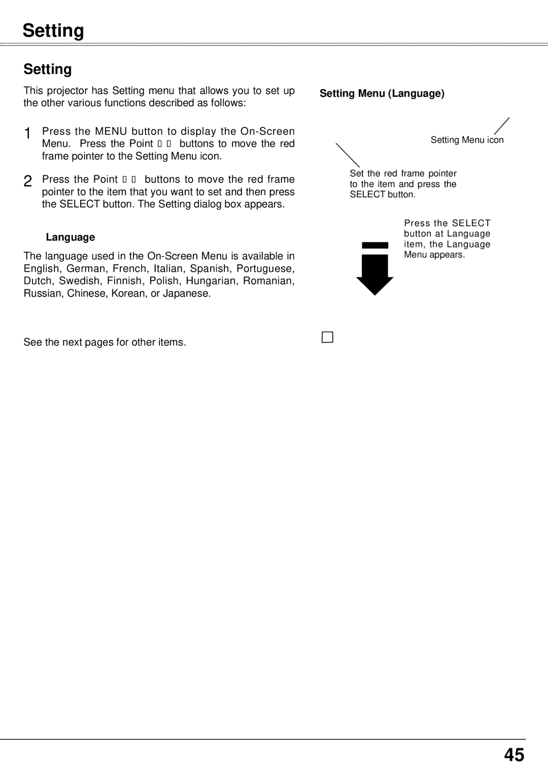 Eiki LC-XS30, LC-XS25 owner manual Setting Menu Language 