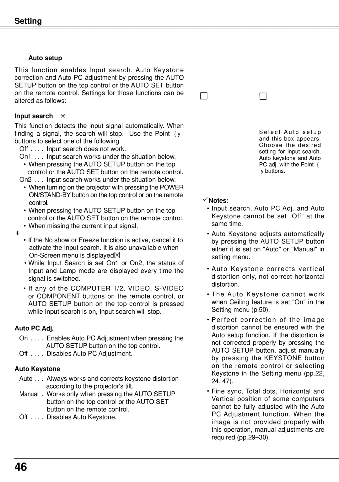 Eiki LC-XS25, LC-XS30 owner manual Auto setup, Input search , Auto Keystone 