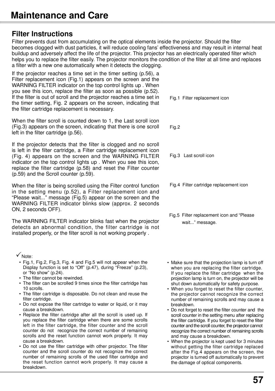 Eiki LC-XS30, LC-XS25 owner manual Maintenance and Care, Filter Instructions 