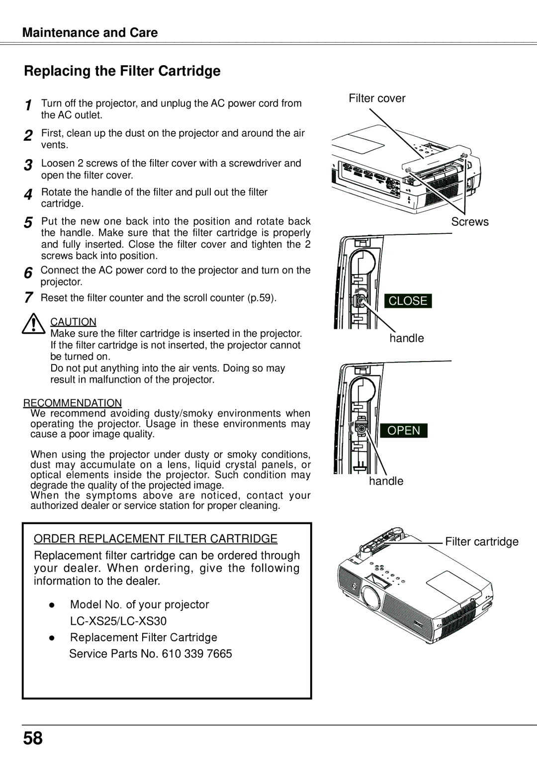 Eiki LC-XS25, LC-XS30 owner manual Replacing the Filter Cartridge, Recommendation 