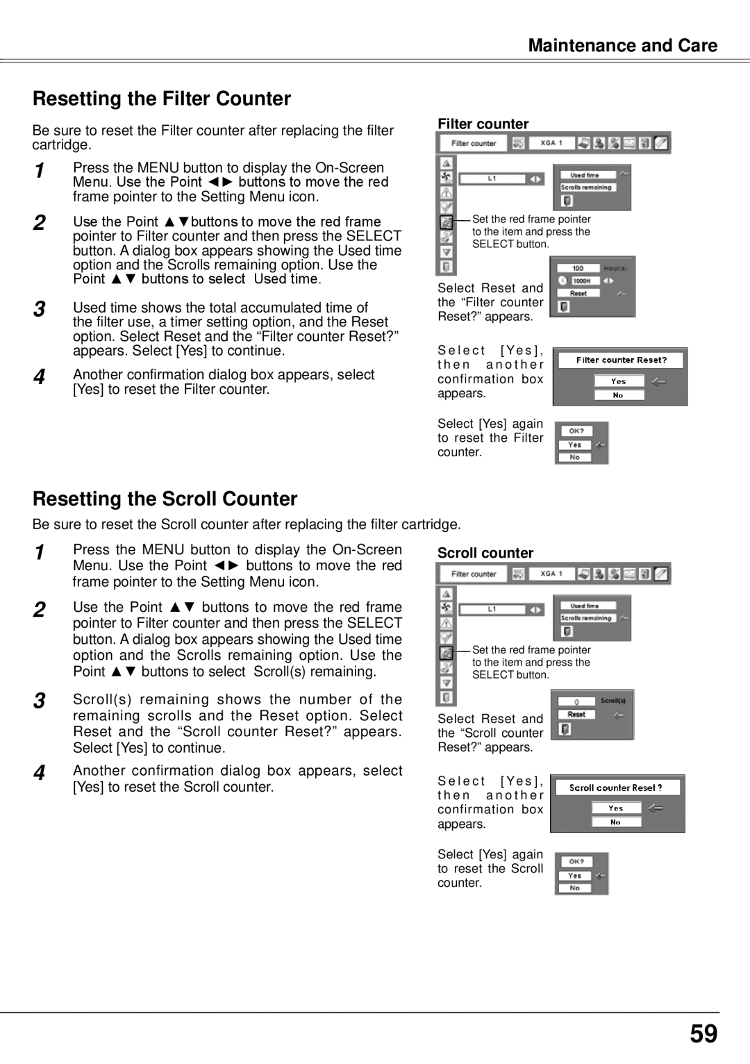 Eiki LC-XS30, LC-XS25 owner manual Resetting the Filter Counter, Resetting the Scroll Counter, Scroll counter 