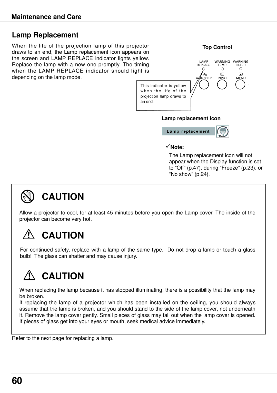 Eiki LC-XS25, LC-XS30 owner manual Lamp Replacement, Lamp replacement icon Note 