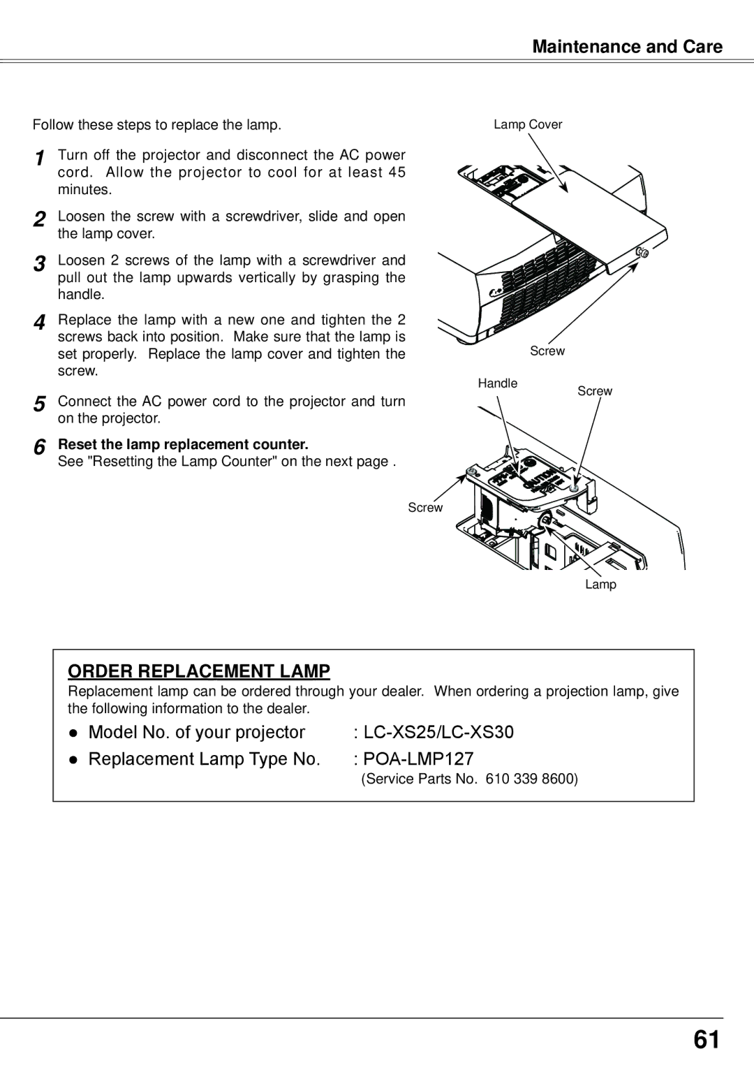 Eiki LC-XS30, LC-XS25 owner manual Order Replacement Lamp, Reset the lamp replacement counter 