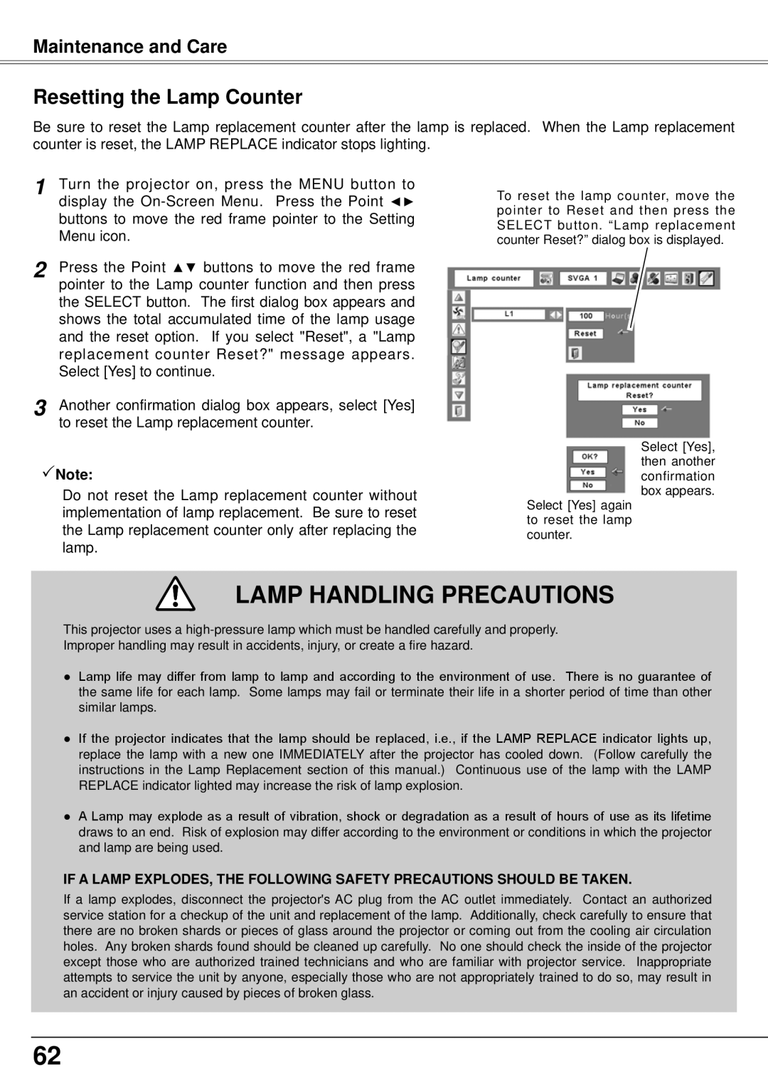 Eiki LC-XS25, LC-XS30 owner manual Lamp Handling Precautions, Resetting the Lamp Counter 