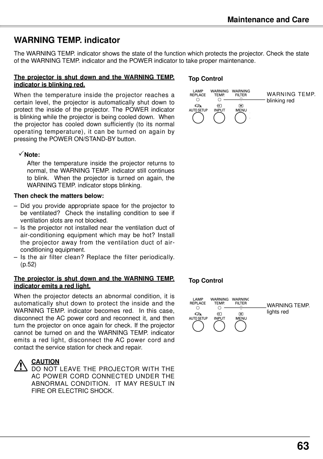 Eiki LC-XS30, LC-XS25 Projector is shut down and the Warning Temp, Indicator is blinking red, Then check the matters below 