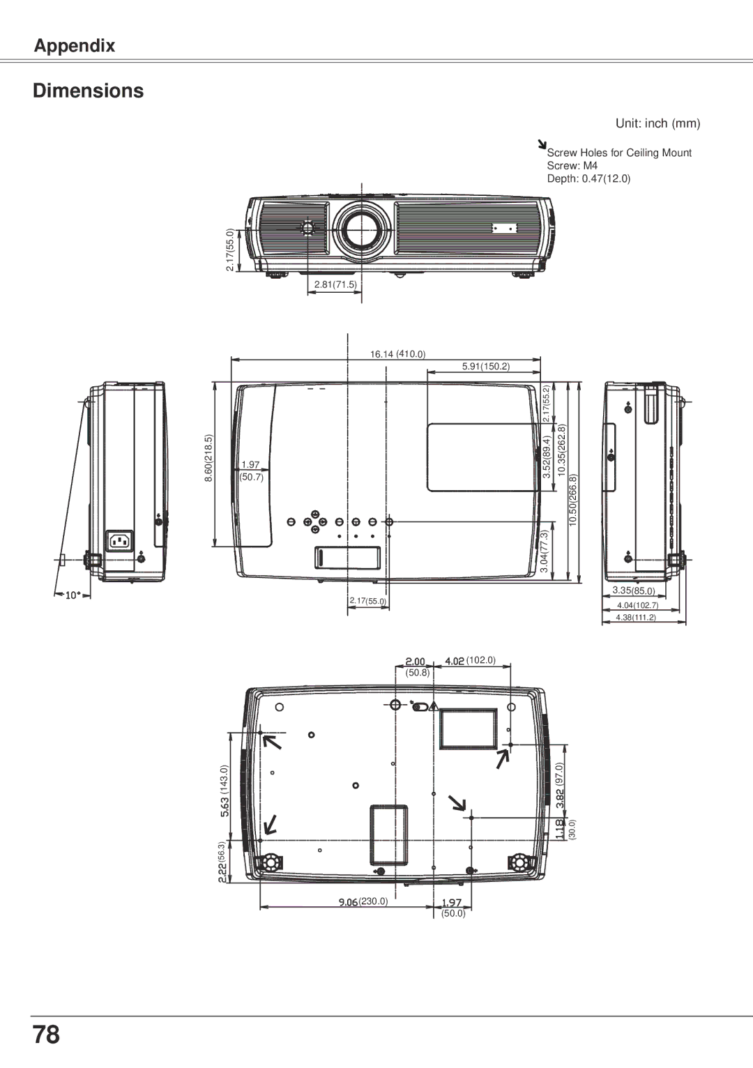 Eiki LC-XS25, LC-XS30 owner manual Dimensions, Unit inch mm 