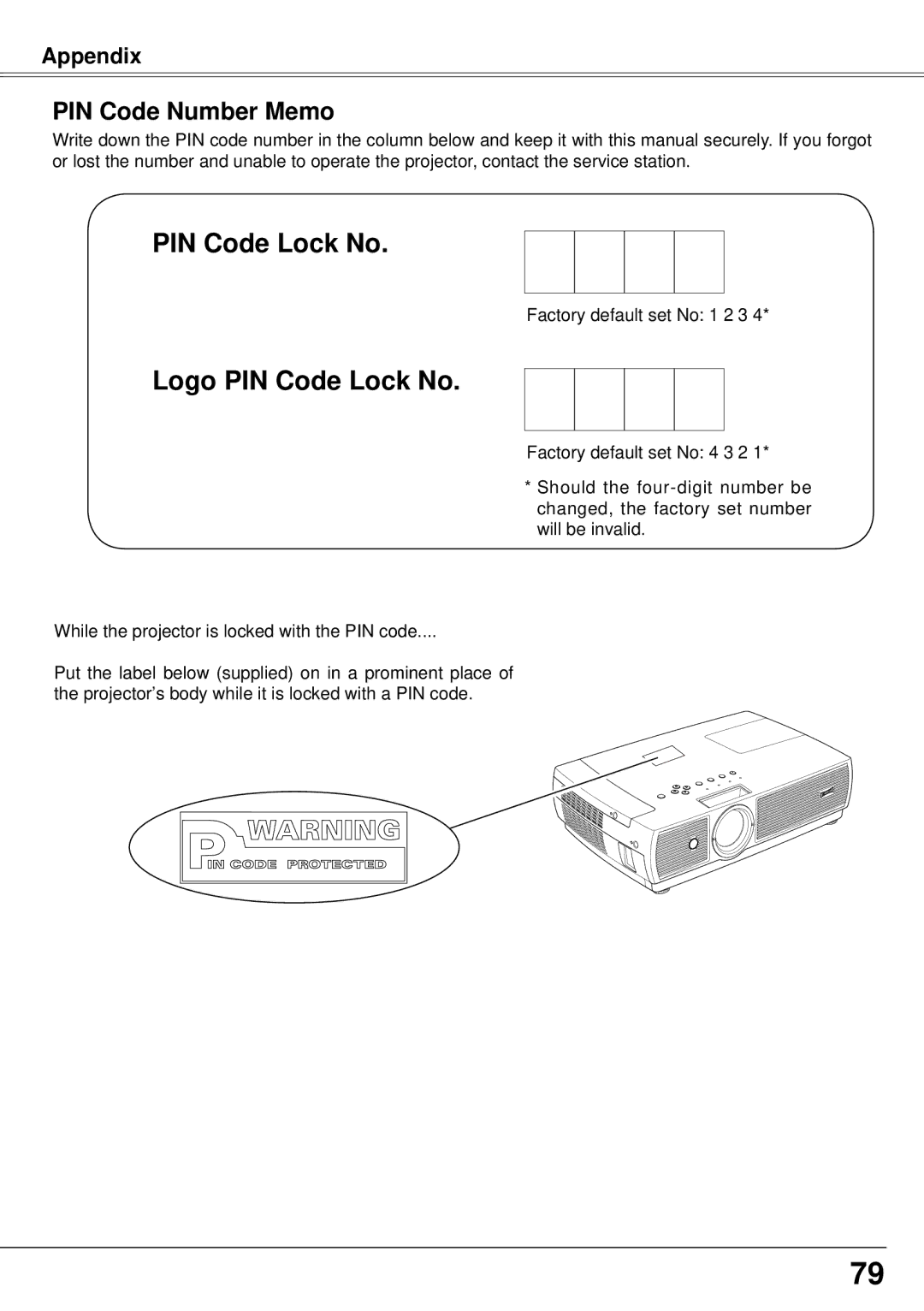 Eiki LC-XS30, LC-XS25 owner manual Logo PIN Code Lock No, PIN Code Number Memo 