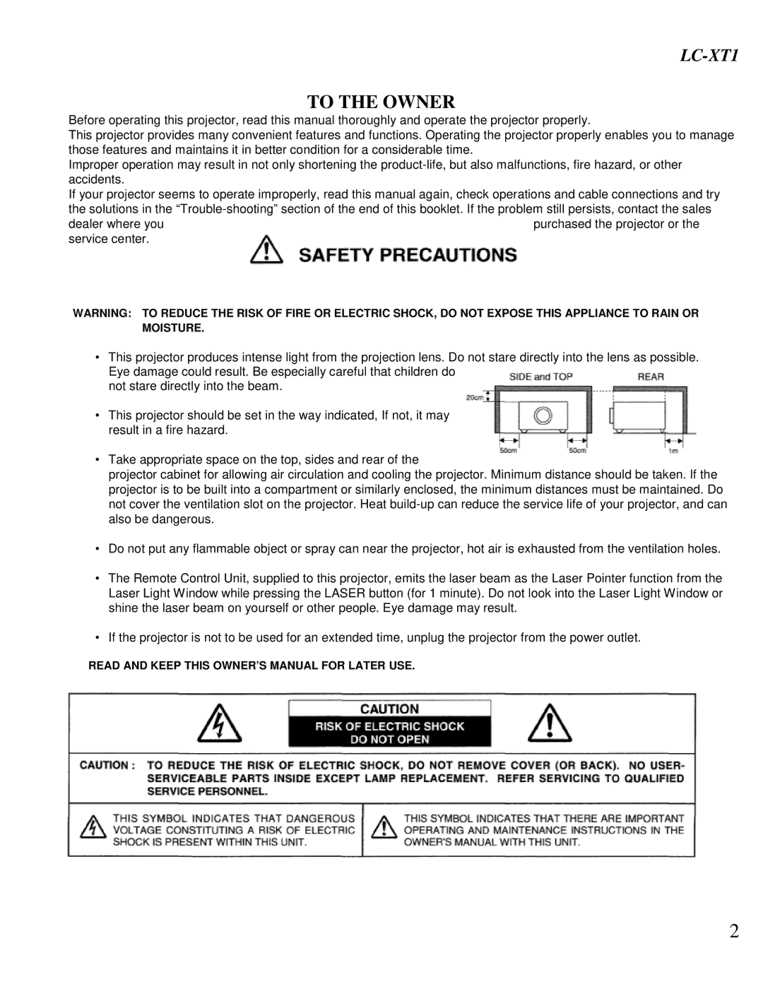 Eiki LC-XT1 instruction manual To the Owner 