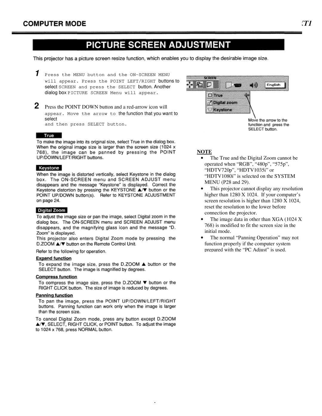 Eiki LC-XT1 instruction manual Press the Point Down button and a red-arrow icon will 