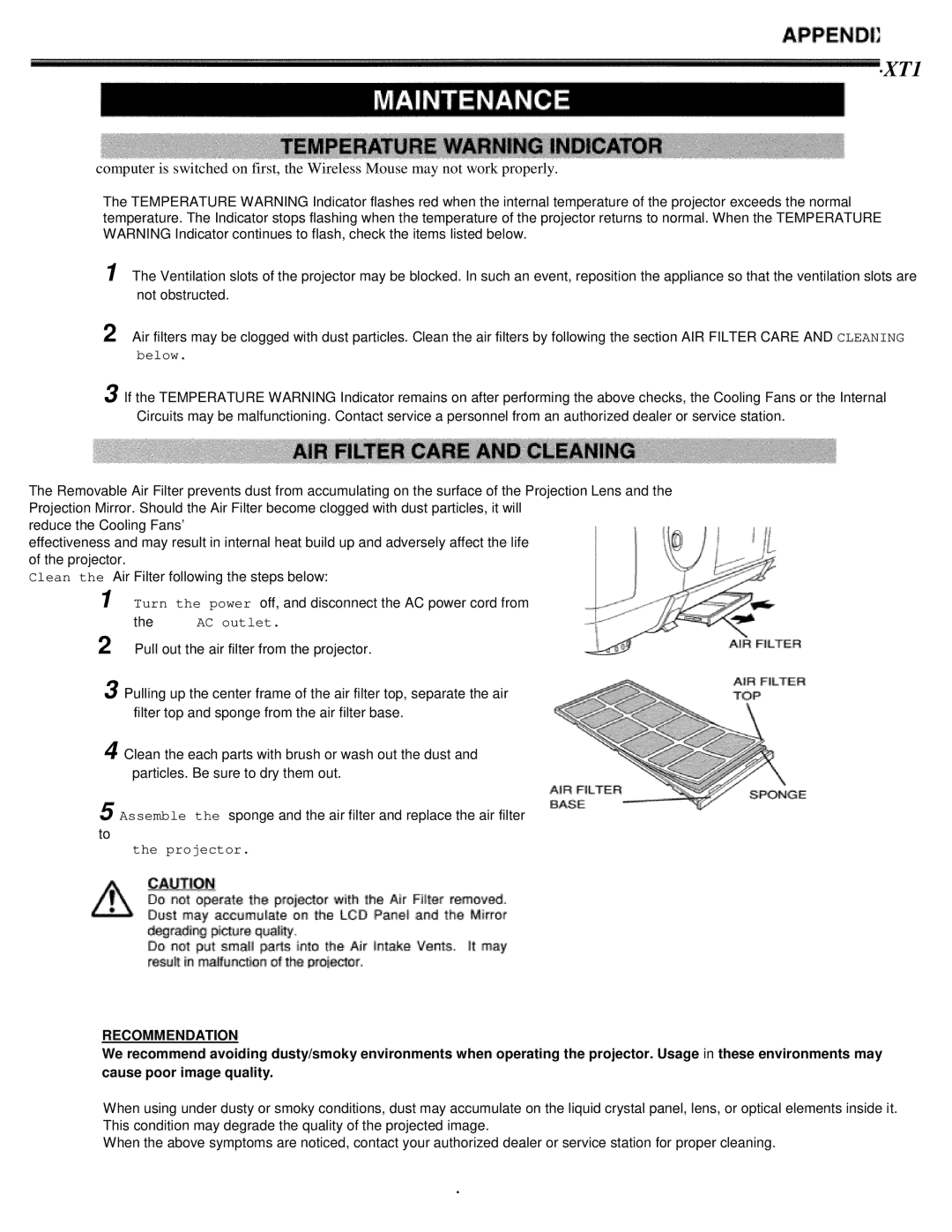 Eiki LC-XT1 instruction manual Recommendation 