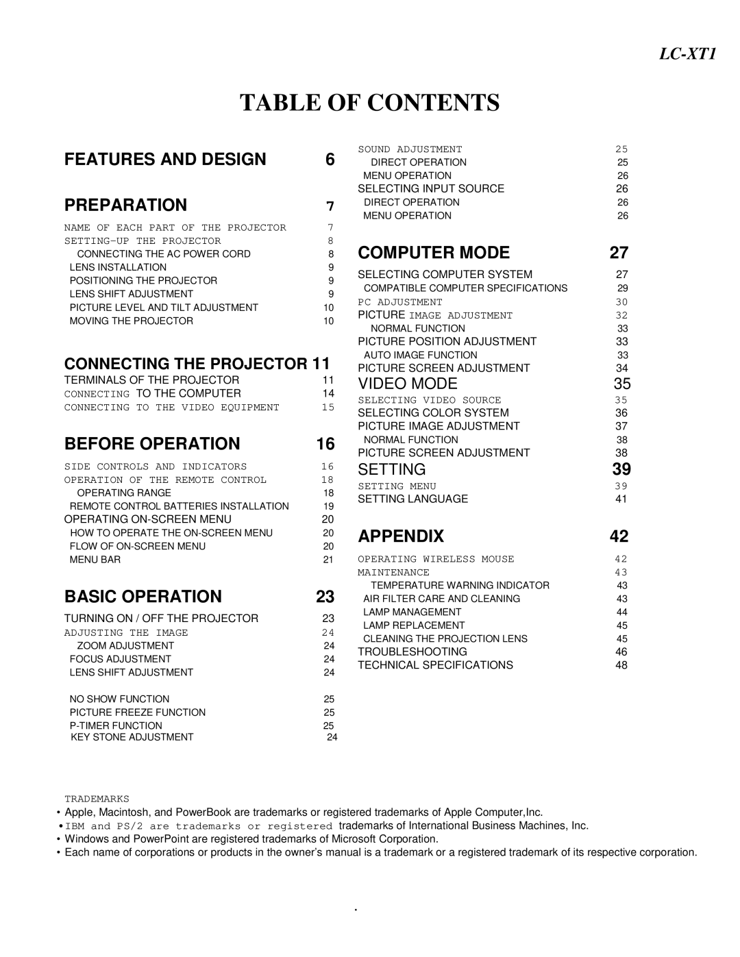 Eiki LC-XT1 instruction manual Table of Contents 