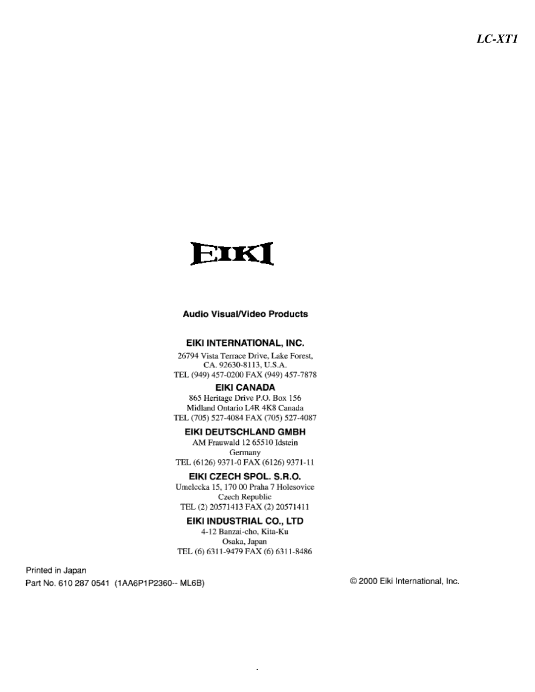 Eiki LC-XT1 instruction manual 