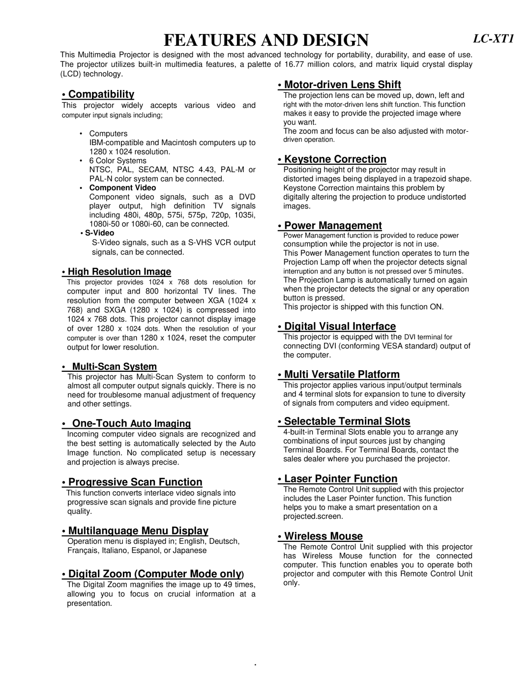 Eiki LC-XT1 instruction manual Features and Design 