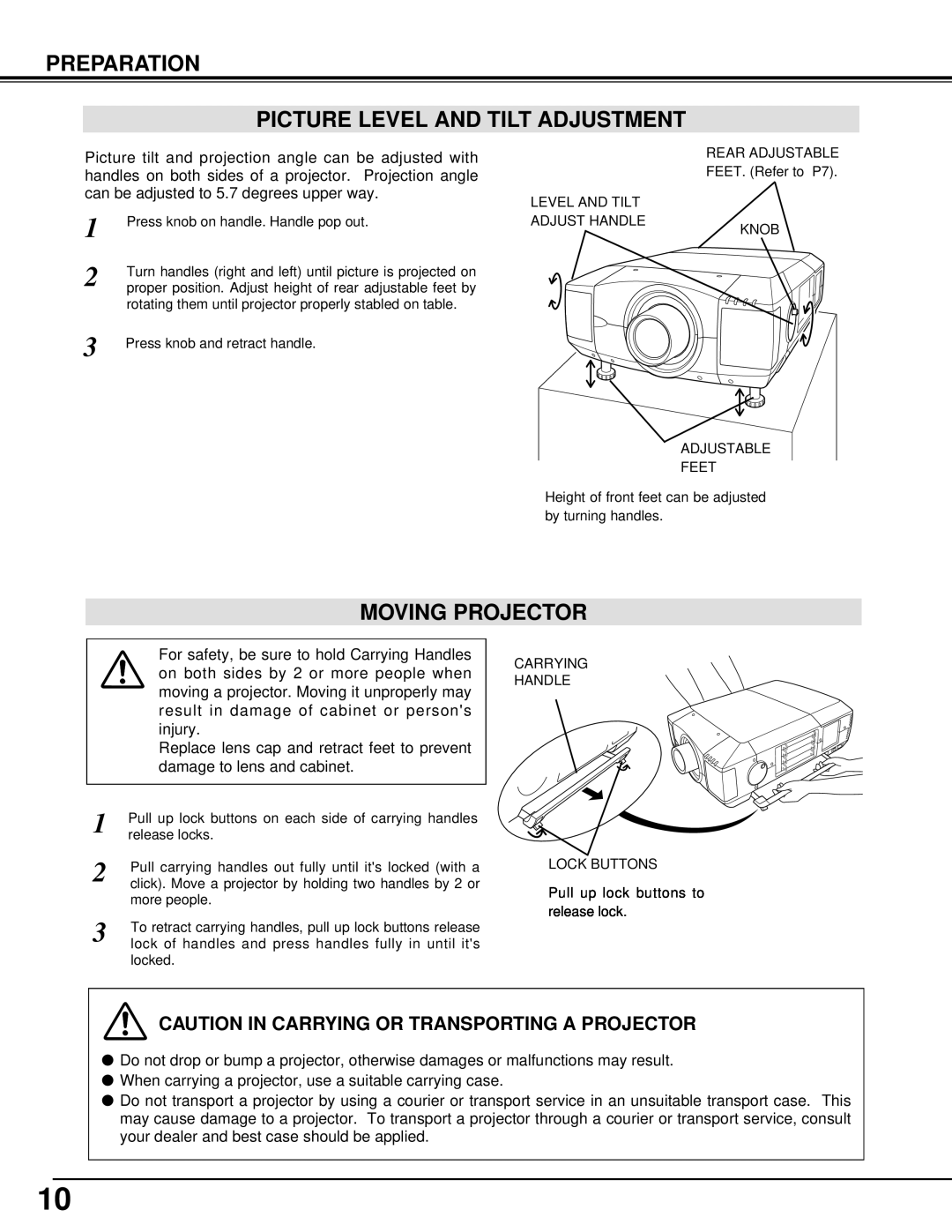 Eiki LC-XT2 instruction manual Preparation Picture Level And Tilt Adjustment, Moving Projector 