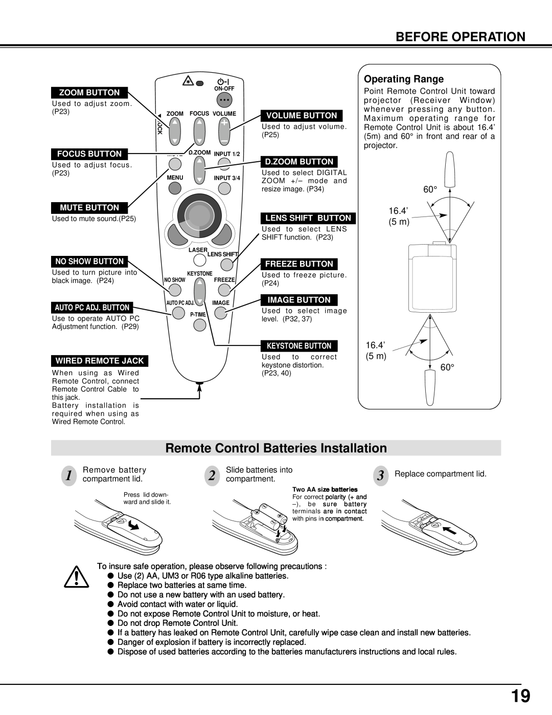 Eiki LC-XT2 instruction manual Before Operation, Remote Control Batteries Installation, Operating Range 