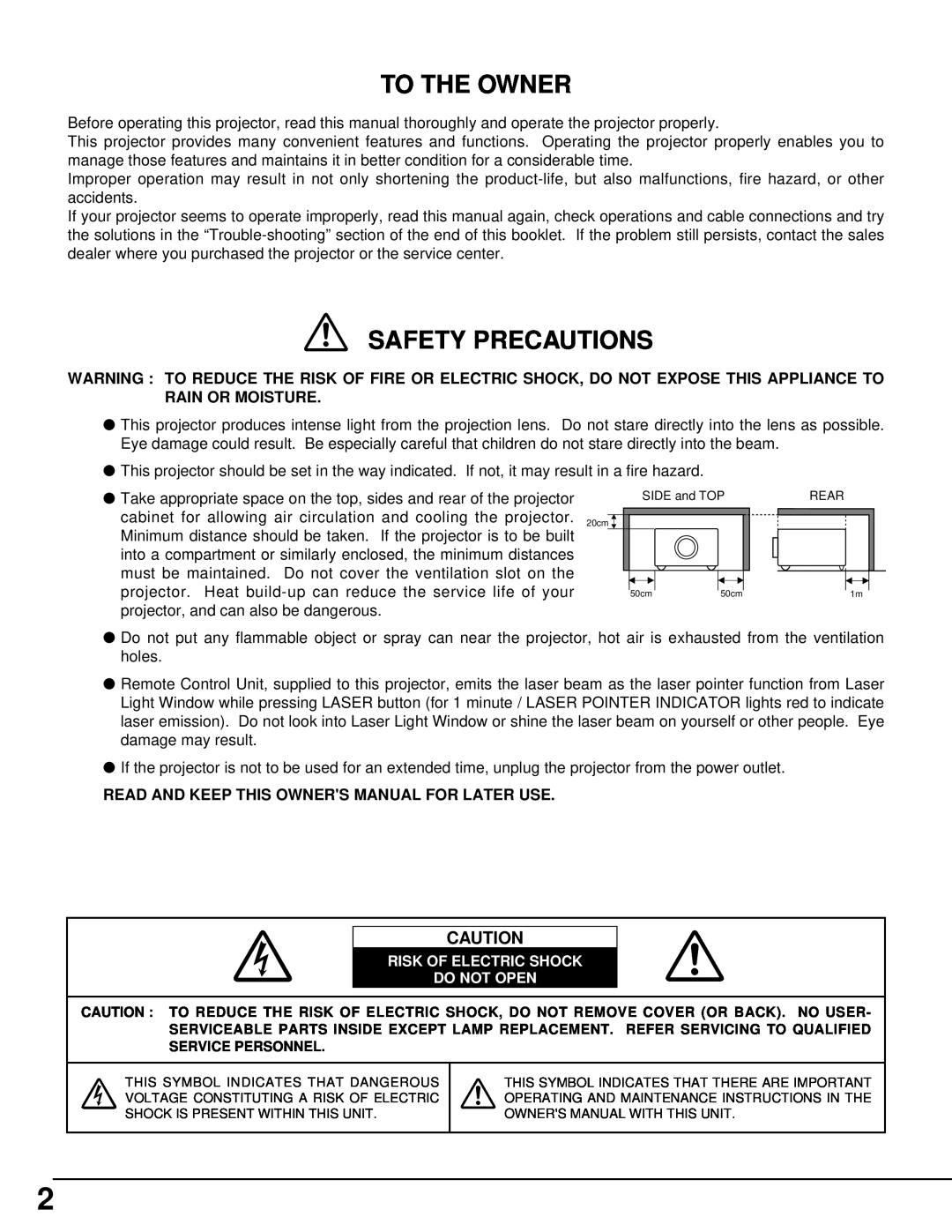 Eiki LC-XT2 instruction manual To The Owner, Safety Precautions, Risk Of Electric Shock Do Not Open 