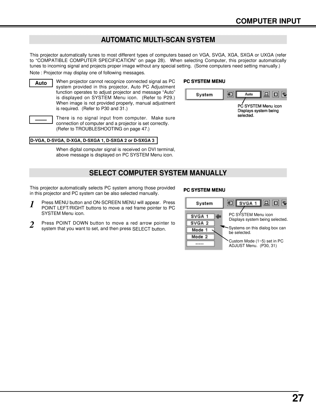Eiki LC-XT2 instruction manual Computer Input Automatic Multi-Scansystem, Select Computer System Manually 