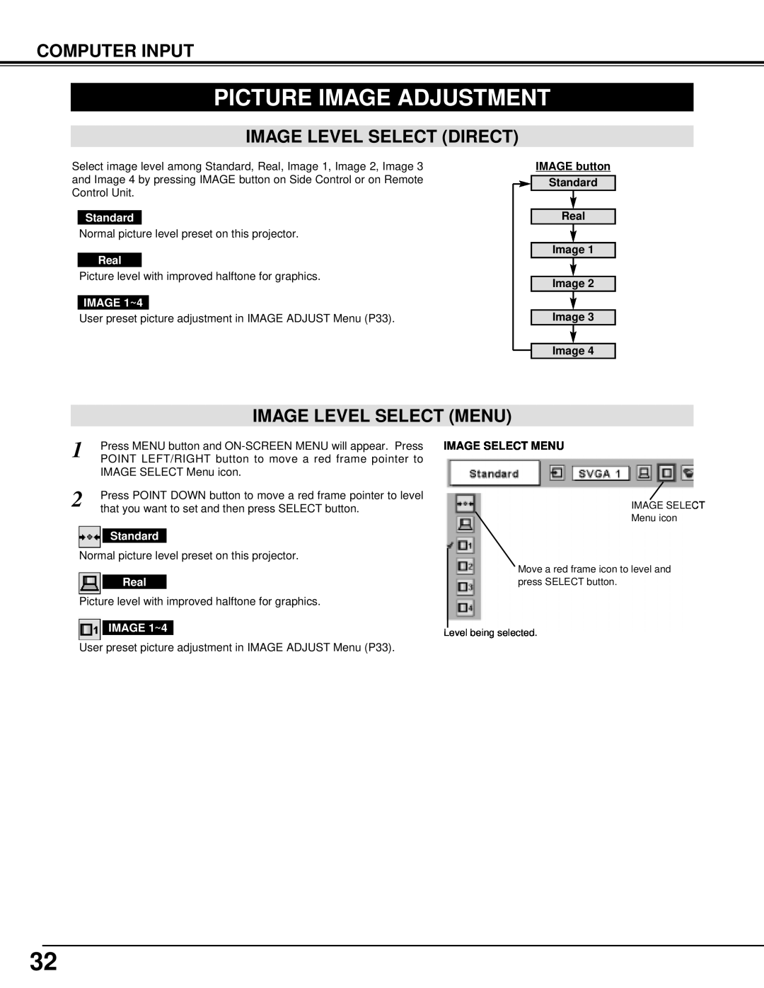 Eiki LC-XT2 instruction manual Picture Image Adjustment, Computer Input, Image Level Select Direct, Image Level Select Menu 
