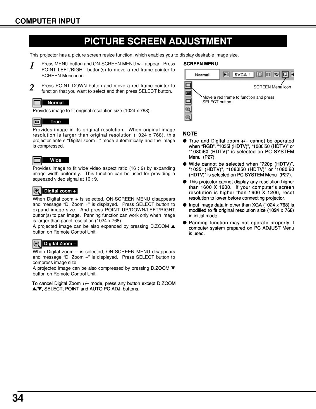 Eiki LC-XT2 instruction manual Picture Screen Adjustment, Screen Menu 