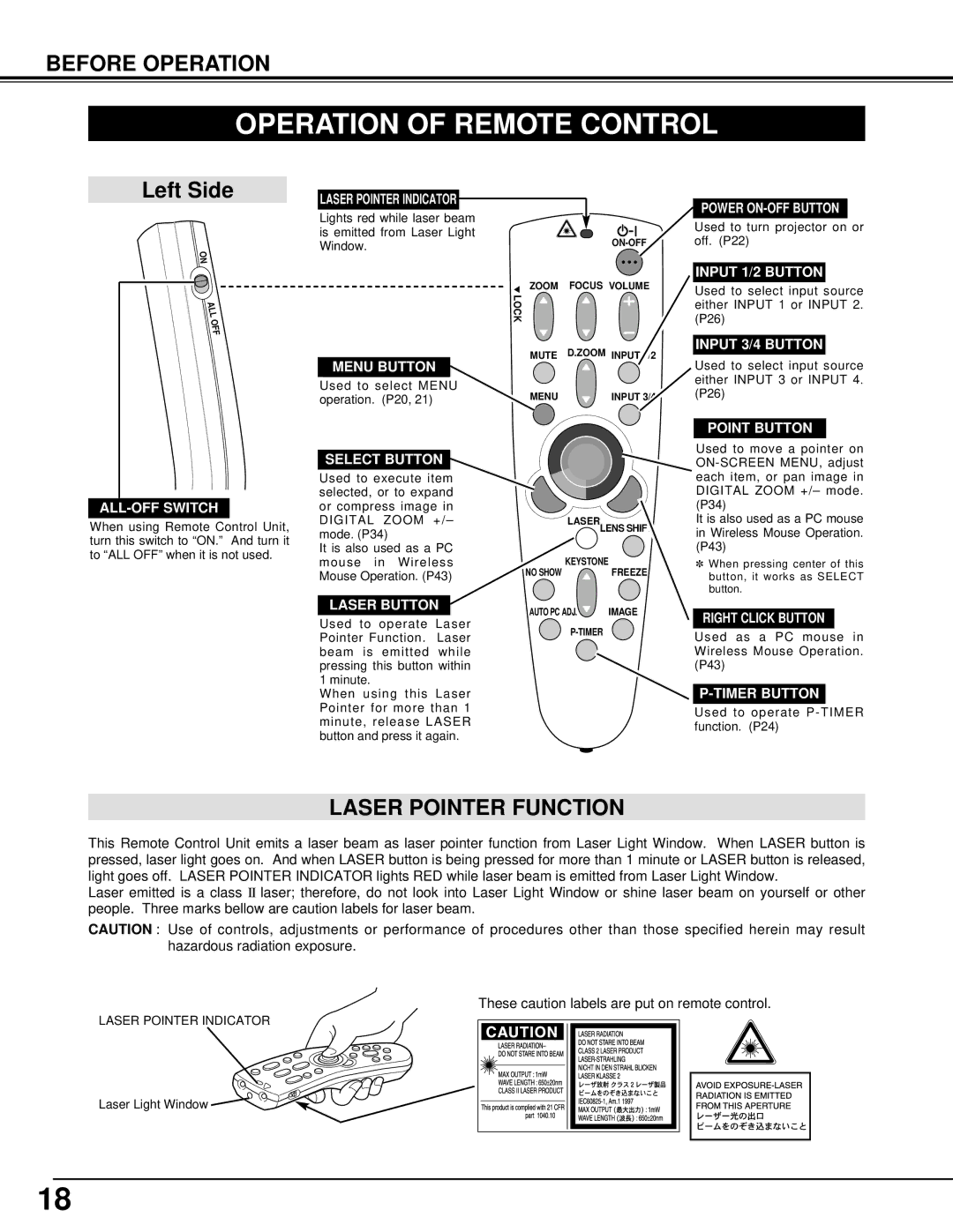 Eiki LC-XT2 instruction manual Operation of Remote Control, Laser Pointer Function 