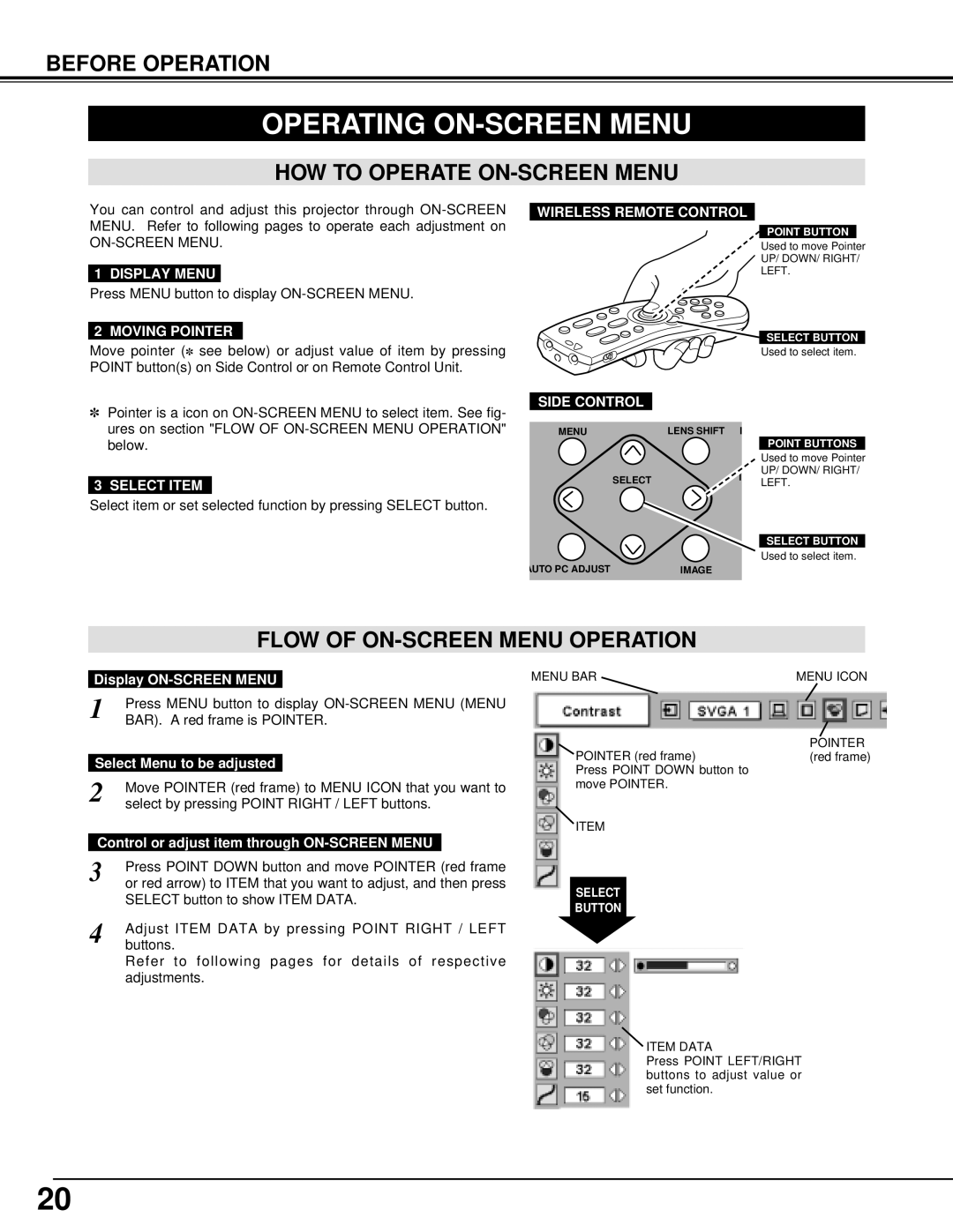 Eiki LC-XT2 instruction manual Operating ON-SCREEN Menu, HOW to Operate ON-SCREEN Menu, Flow of ON-SCREEN Menu Operation 