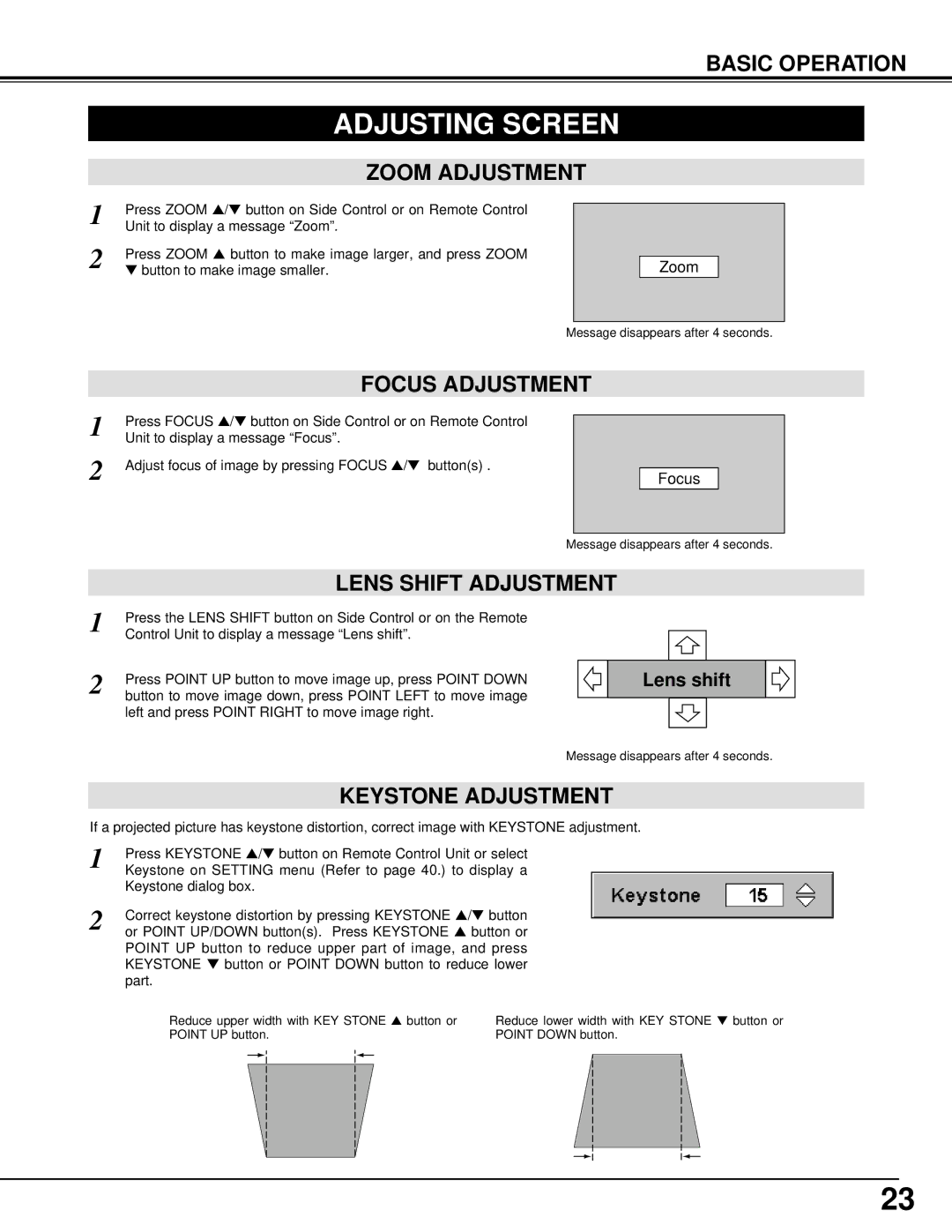 Eiki LC-XT2 instruction manual Adjusting Screen, Zoom Adjustment, Focus Adjustment, Keystone Adjustment 