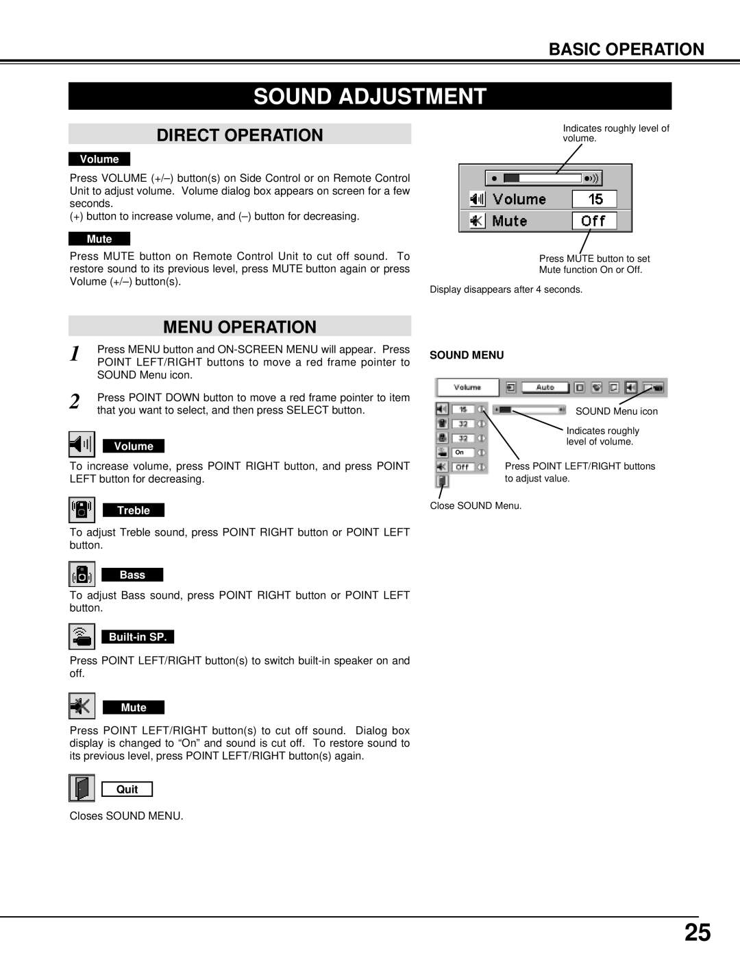 Eiki LC-XT2 instruction manual Sound Adjustment, Direct Operation, Menu Operation, Sound Menu 