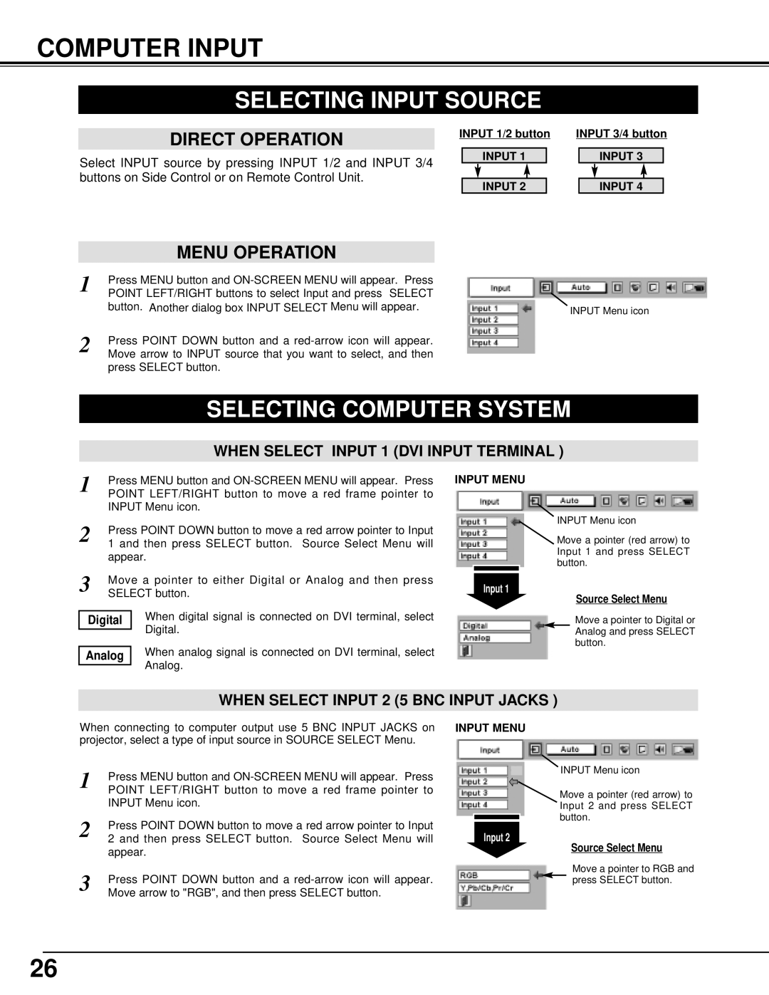 Eiki LC-XT2 instruction manual Computer Input, Selecting Input Source, Selecting Computer System, Input Menu 