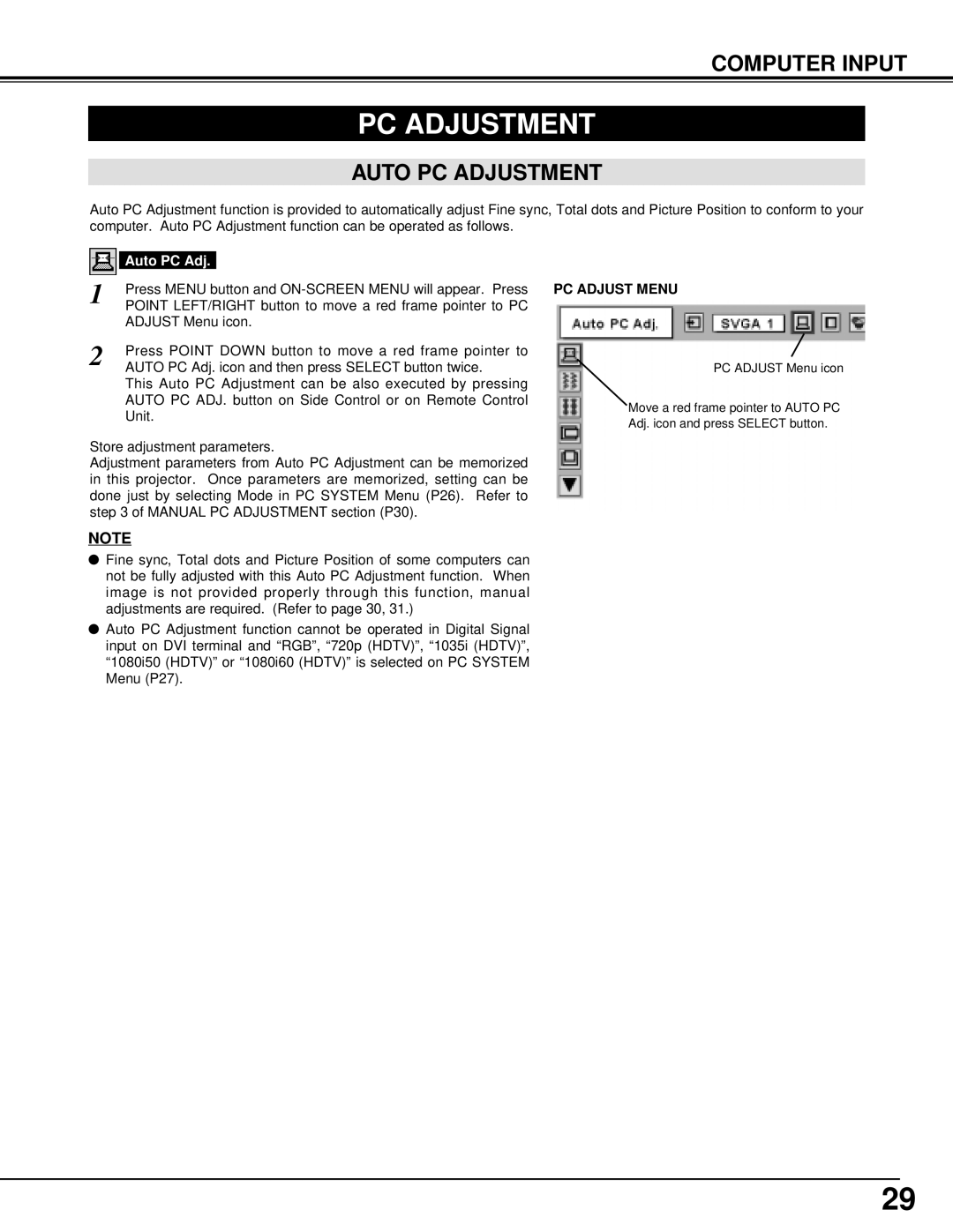 Eiki LC-XT2 instruction manual Computer Input, Auto PC Adjustment, PC Adjust Menu 