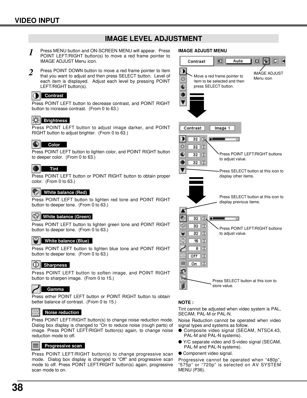 Eiki LC-XT2 instruction manual Video Input Image Level Adjustment, Color, Tint, Noise reduction, Progressive scan 