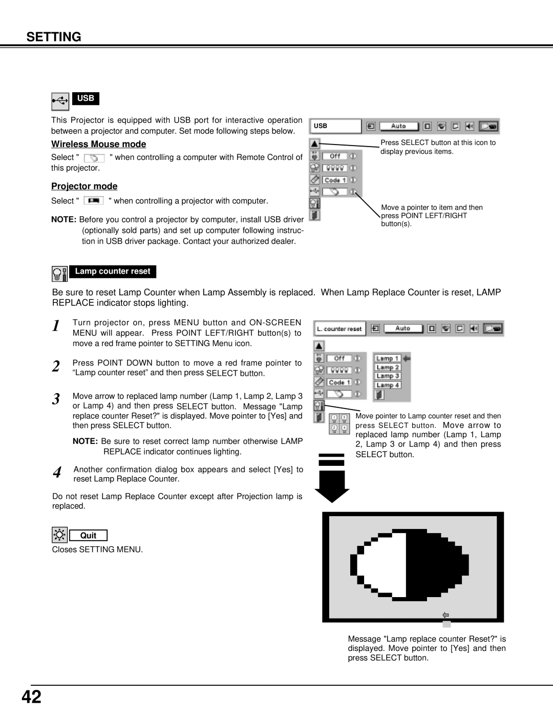 Eiki LC-XT2 instruction manual Wireless Mouse mode, Projector mode, Usb, Lamp counter reset 