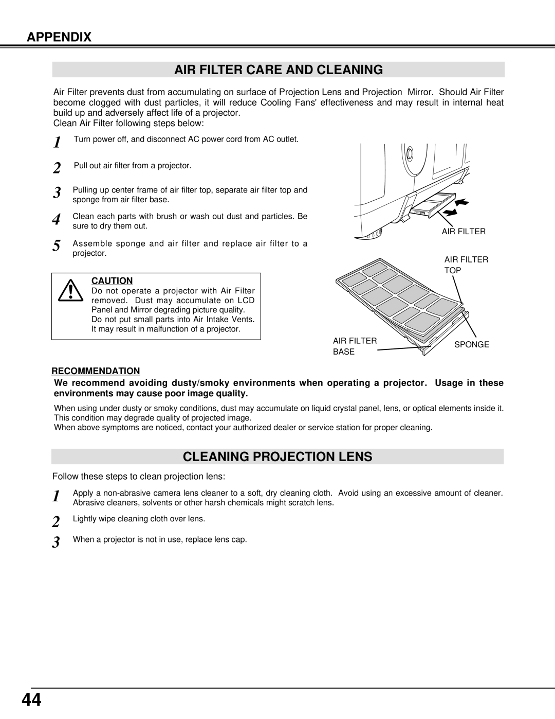 Eiki LC-XT2 instruction manual Appendix AIR Filter Care and Cleaning, Cleaning Projection Lens 