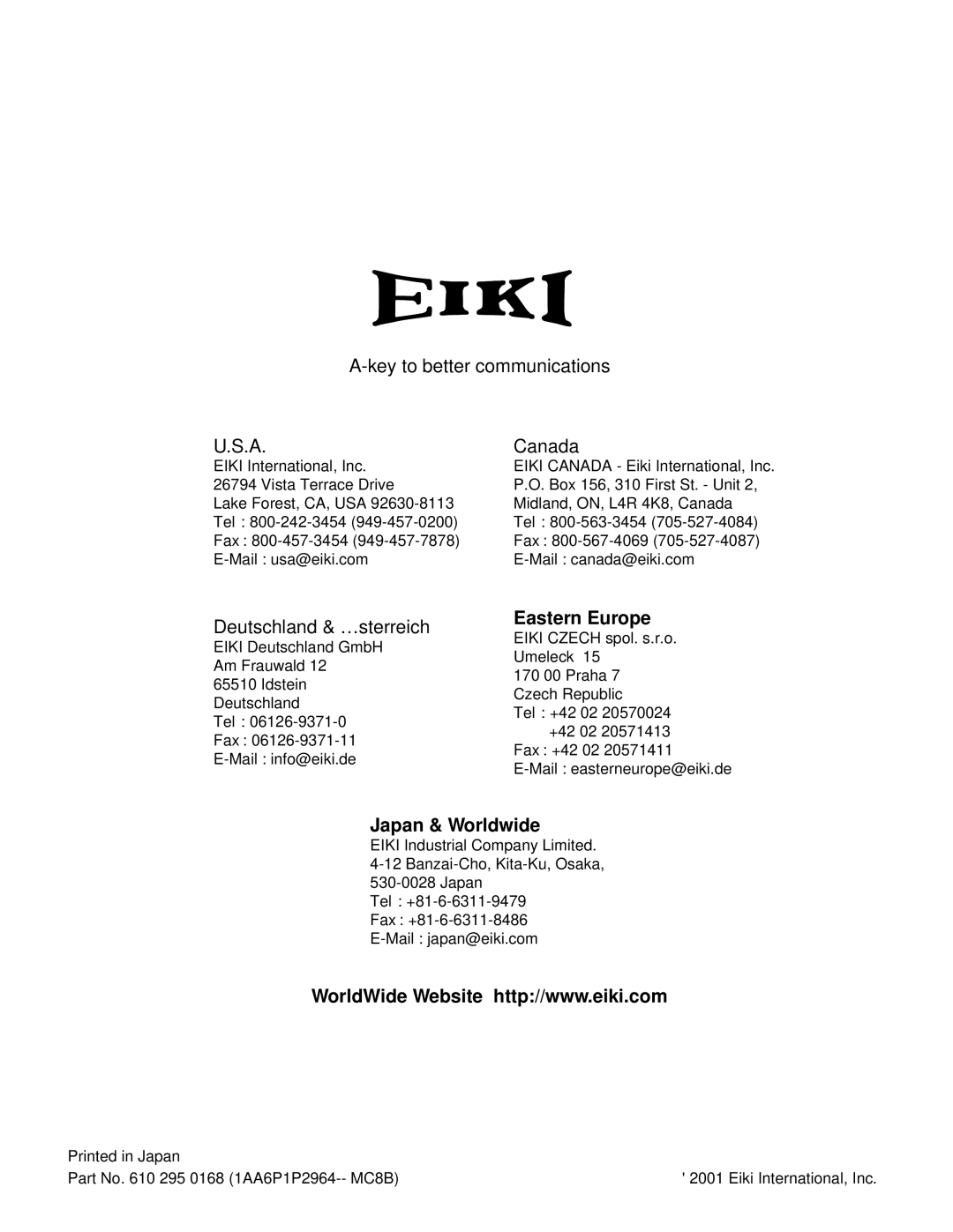 Eiki LC-XT2 instruction manual Key to better communications Canada 