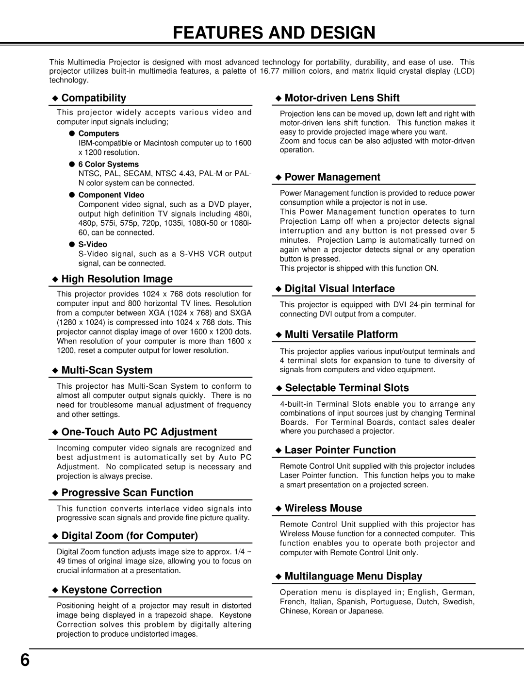 Eiki LC-XT2 instruction manual Features and Design, Compatibility 