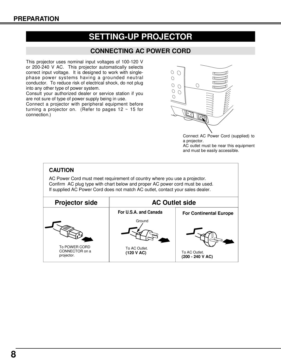 Eiki LC-XT2 instruction manual SETTING-UP Projector, Connecting AC Power Cord, For U.S.A. and Canada For Continental Europe 