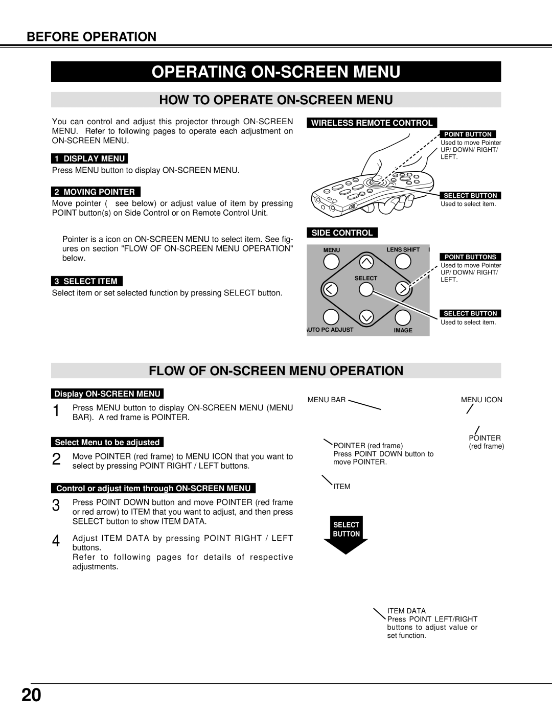 Eiki LC-XT3 instruction manual Operating ON-SCREEN Menu, HOW to Operate ON-SCREEN Menu, Flow of ON-SCREEN Menu Operation 